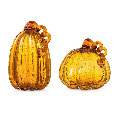 Glitzhome Amber Crackle Glass Pumpkin 2-pc. Thanksgiving Tabletop Decor In Orange
