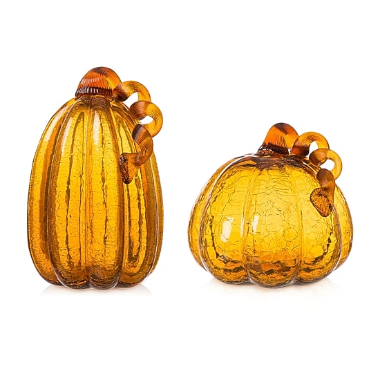 Glitzhome Amber Crackle Glass Pumpkin 2-pc. Tabletop Decor