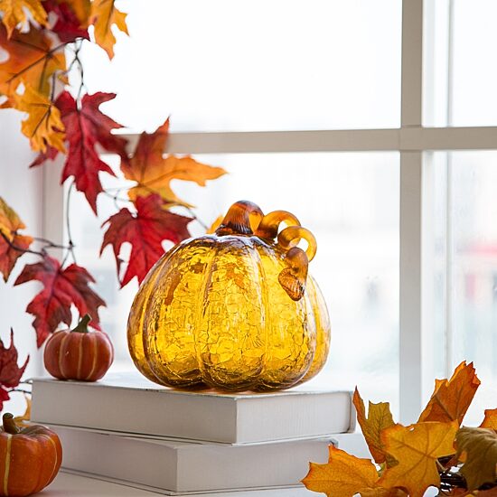 Glitzhome Amber Crackle Glass Pumpkin 2-pc. Tabletop Decor