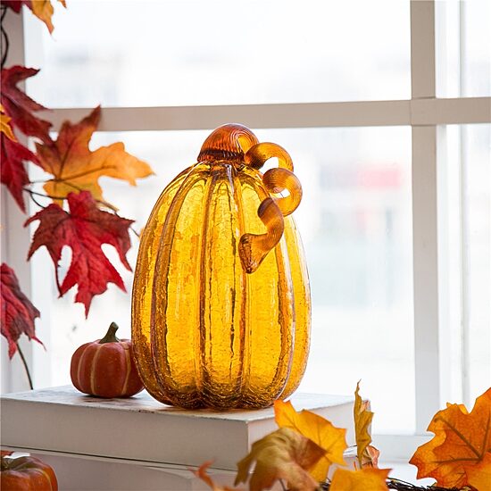Glitzhome Amber Crackle Glass Pumpkin 2-pc. Tabletop Decor