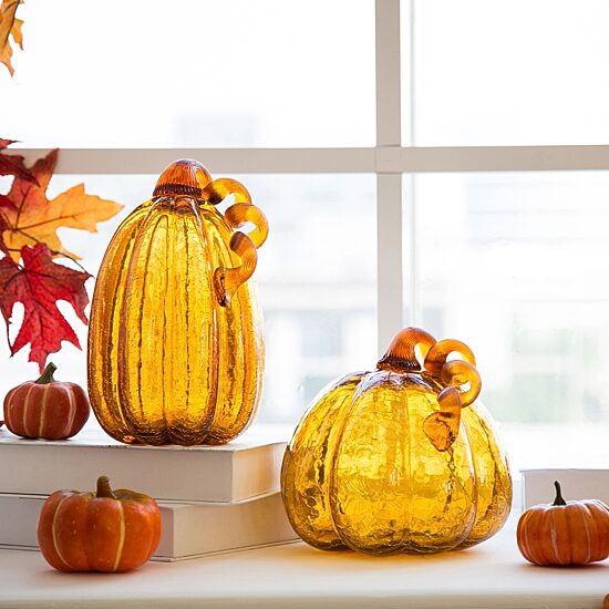 Glitzhome Amber Crackle Glass Pumpkin 2-pc. Tabletop Decor
