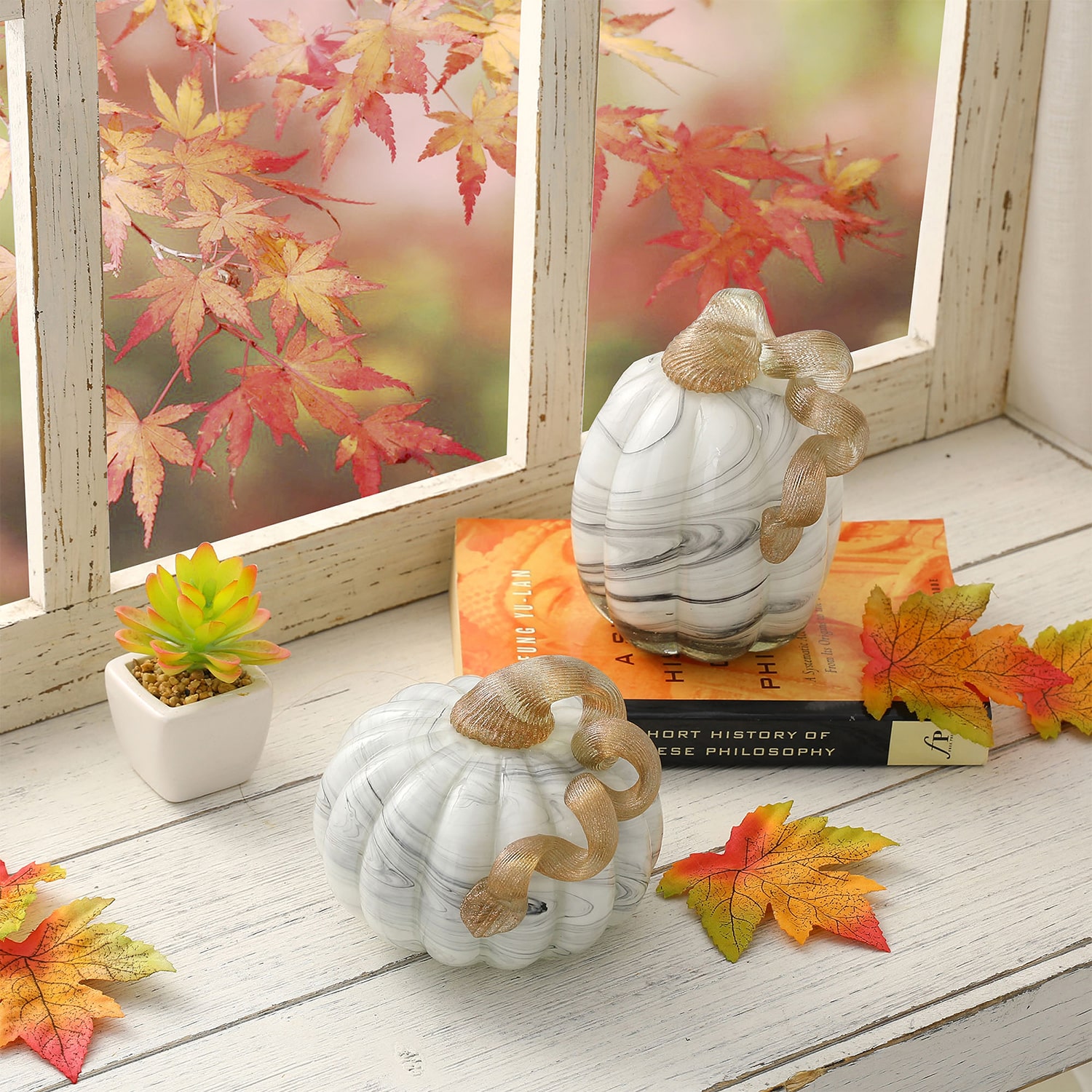 Glitzhome Gray Marble Glass Pumpkin 2-pc. Thanksgiving Tabletop Decor