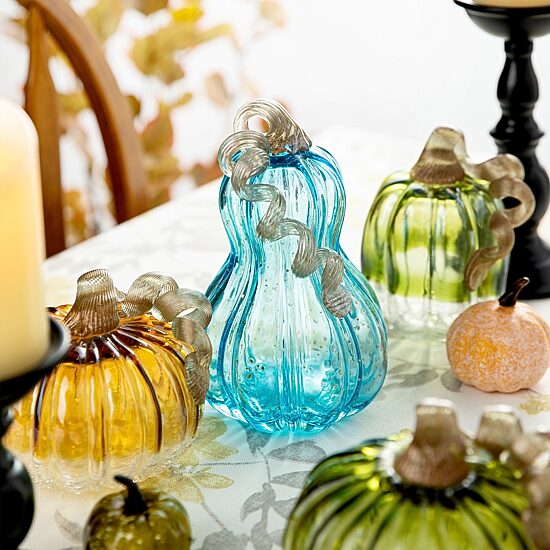 Glitzhome Blue Glass Pumpkin 3-pc. Thanksgiving Tabletop Decor
