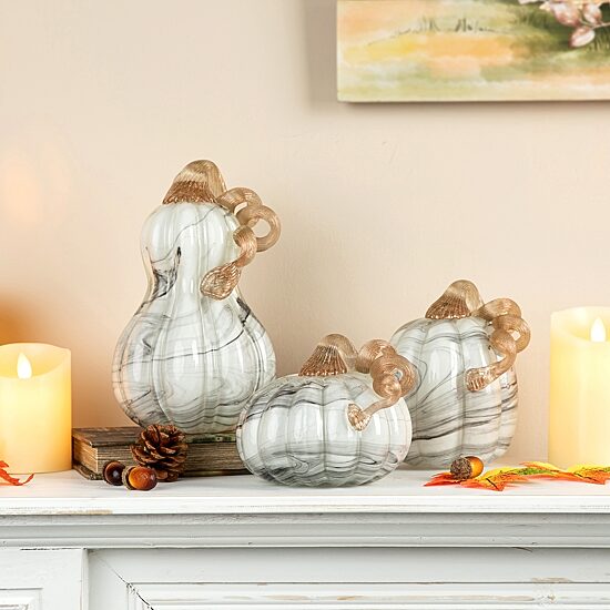 Glitzhome Marble Glass Pumpkin And Gourd 3-pc. Tabletop Decor