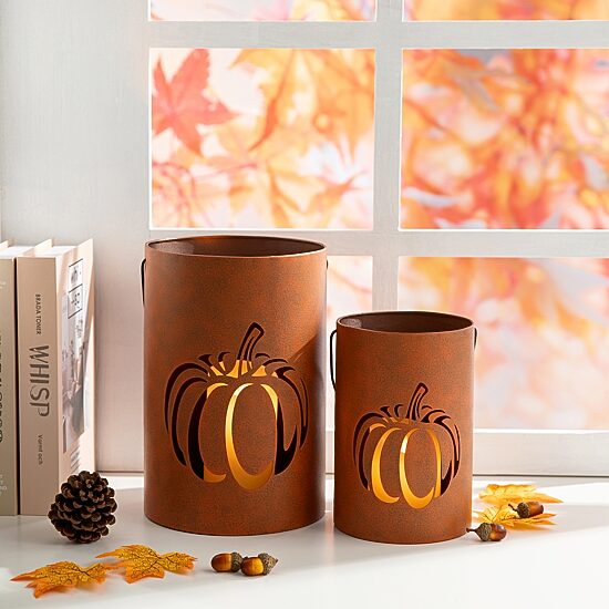Glitzhome Metal Cutout Pumpkin Bucket 2-pc. Tabletop Decor