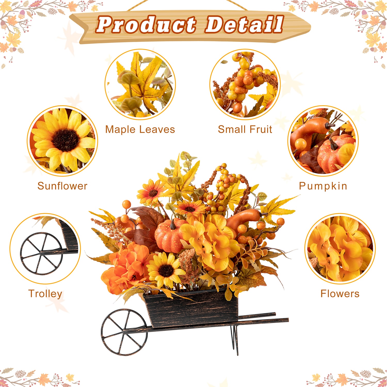 Glitzhome Fall Floral Cart Centerpiece Christmas Tabletop Decor