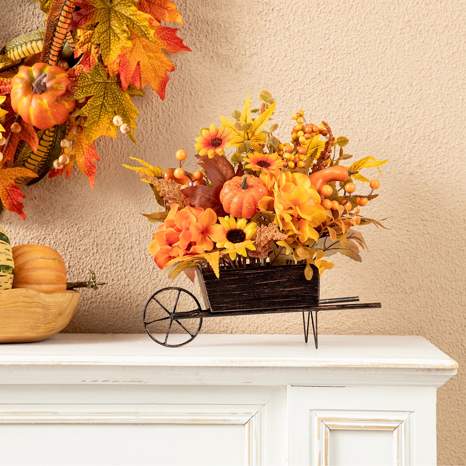 Glitzhome Fall Floral Cart Centerpiece Christmas Tabletop Decor