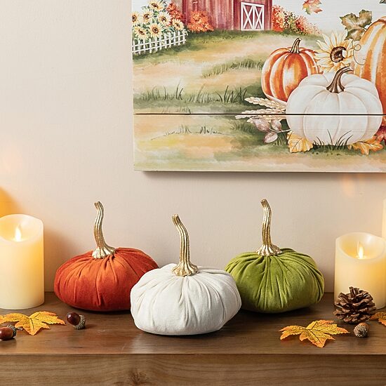 Glitzhome Velvet Pumpkins 3-pc. Thanksgiving Tabletop Decor