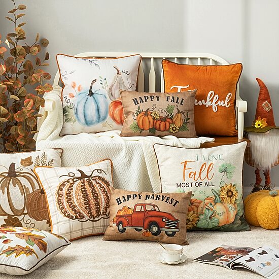 Glitzhome Faux Burlap Fall Pumpkin Rectangular Throw Pillow