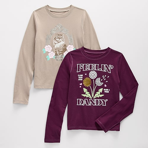 Thereabouts Little & Big Kid Girls Sensory Friendly Crew Neck Long Sleeve Adaptive Regular Fit 2 Pack Graphic T- In Red