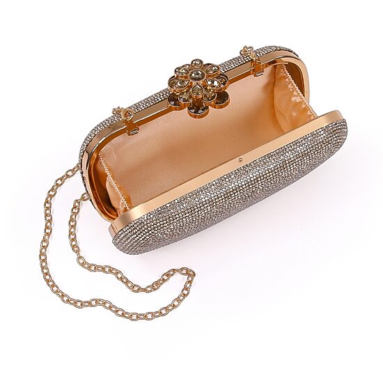 American Glamour Badgley Mischka Crystal Hard Case Flower Clasp Beaded Evening Bag
