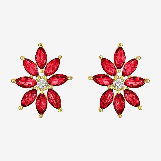 Lab Created Red Ruby 14K Gold Over Silver 16mm Flower Stud Earrings