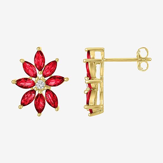 Lab Created Red Ruby 14K Gold Over Silver 16mm Flower Stud Earrings