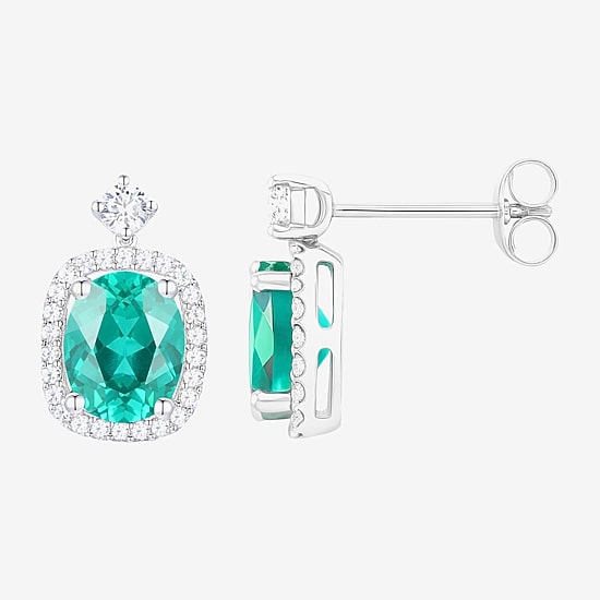 Womens Lab Created Green Yttrium Aluminum Garnet Sterling Silver Oval Drop Earrings