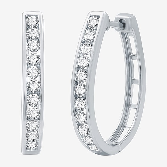 (G / Si1-Si2) Womens 1 CT. T.W. Lab Grown White Diamond Sterling Silver 24.8mm Oval Hoop Earrings