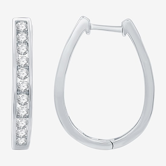 (G / Si1-Si2) Womens 1 CT. T.W. Lab Grown White Diamond Sterling Silver 24.8mm Oval Hoop Earrings