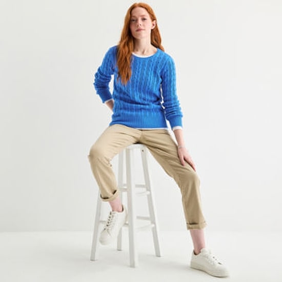 St. John's Bay Tall Womens Crew Neck Long Sleeve Cable Knit Pullover Sweater