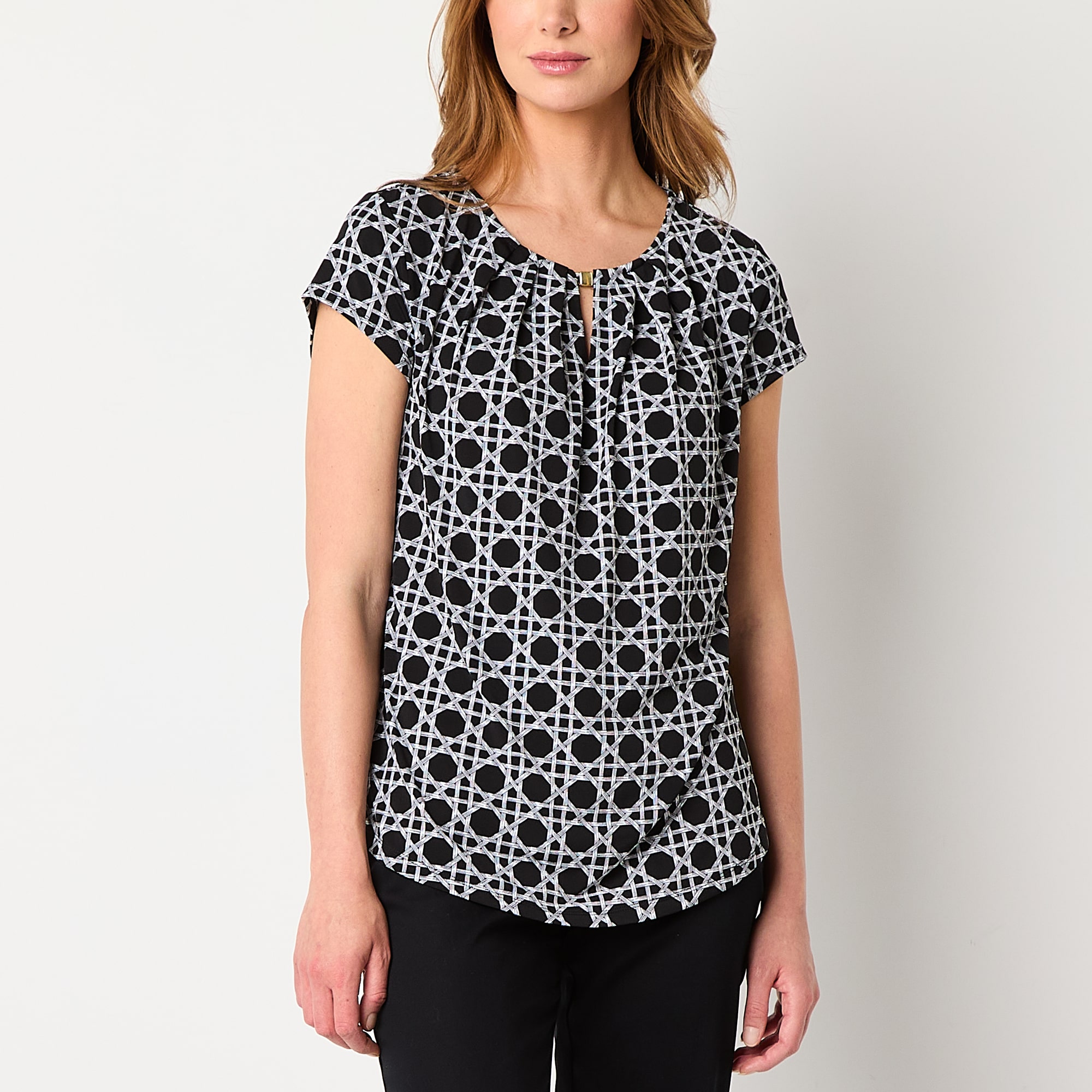 Liz Claiborne Womens Keyhole Neck Short Sleeve Blouse