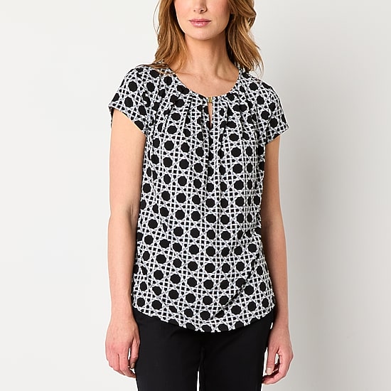 Liz Claiborne Womens Keyhole Neck Short Sleeve Blouse
