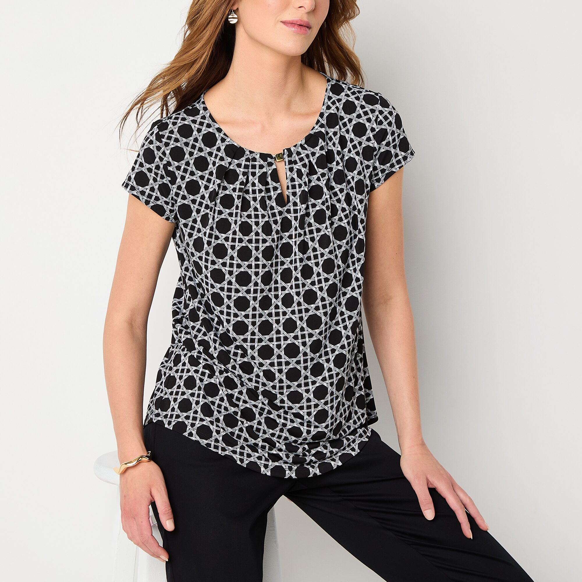 Liz Claiborne Womens Keyhole Neck Short Sleeve Blouse