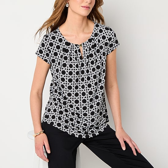 Liz Claiborne Womens Keyhole Neck Short Sleeve Blouse