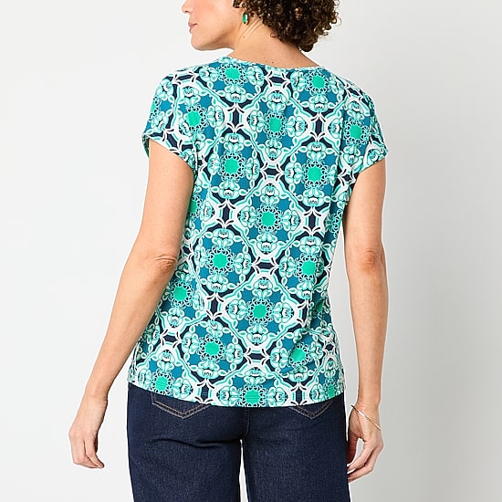 Liz Claiborne Womens Keyhole Neck Short Sleeve Blouse