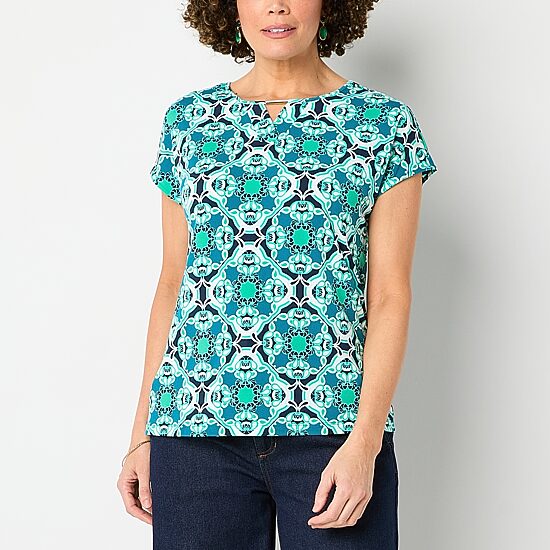 Liz Claiborne Womens Keyhole Neck Short Sleeve Blouse