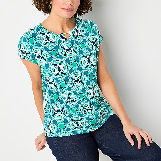 Liz Claiborne Womens Keyhole Neck Short Sleeve Blouse