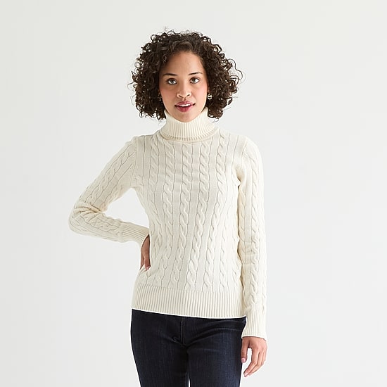 St. John's Bay Womens Turtleneck Long Sleeve Cable Knit Pullover Sweater