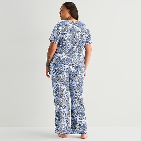 Jaclyn Womens Crew Neck Short Sleeve 2-pc. Plus Pajama Set