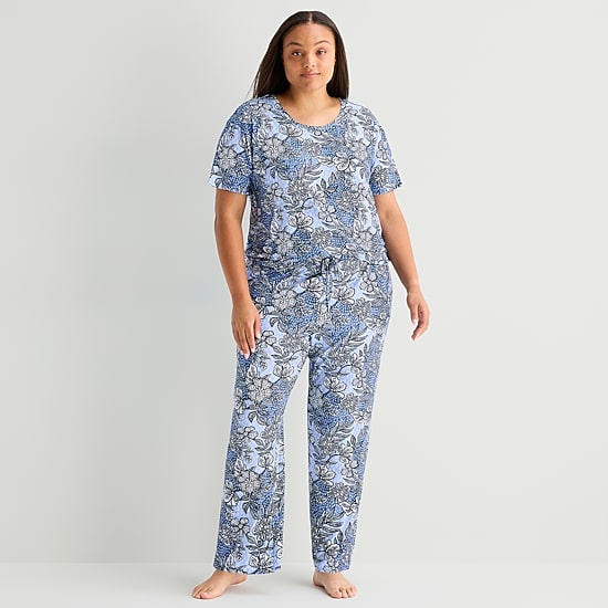 Jaclyn Womens Crew Neck Short Sleeve 2-pc. Plus Pajama Set