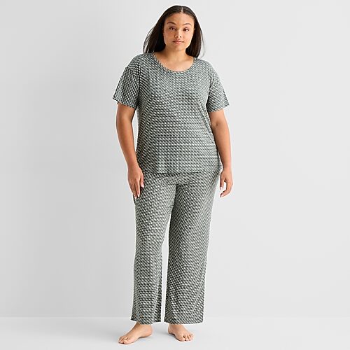 Jaclyn Womens Crew Neck Short Sleeve 2-pc. Plus Pajama Set In Green