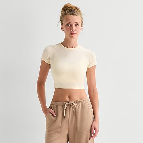 Xersion Womens Crew Neck Short Sleeve Active Crop Top In White