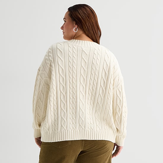 St. John's Bay Womens Long Sleeve Button Plus Cable Knit Cardigan
