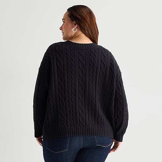 St. John's Bay Womens Long Sleeve Button Plus Cable Knit Cardigan