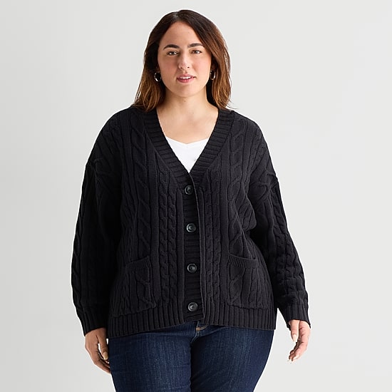 St. John's Bay Womens Long Sleeve Button Plus Cable Knit Cardigan