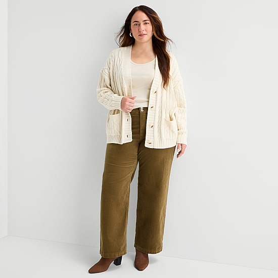 St. John's Bay Womens Long Sleeve Button Plus Cable Knit Cardigan