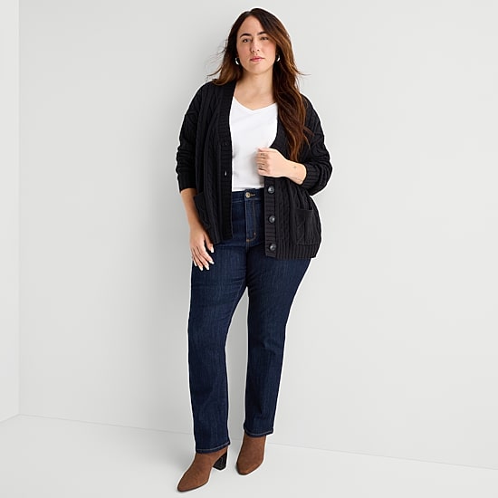 St. John's Bay Womens Long Sleeve Button Plus Cable Knit Cardigan