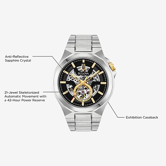 Bulova Maquina Mens Automatic Silver Tone Stainless Steel Bracelet Watch 98a224
