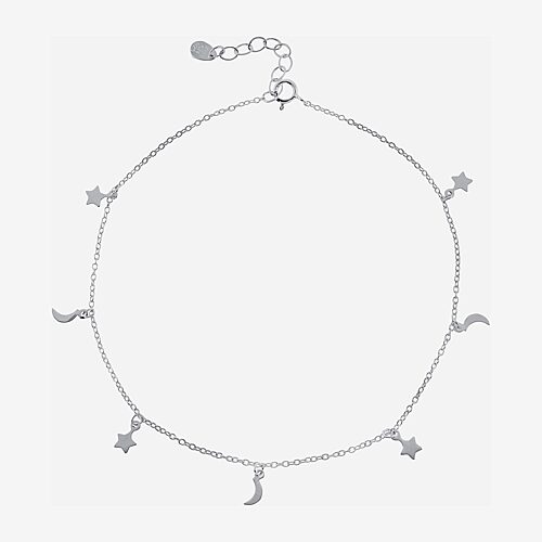 Silver Treasures Womens Sterling Silver Semisolid Cable Moon Star Ankle Bracelet, One Size