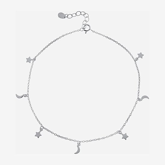 Silver Treasures Womens Sterling Silver Semisolid Cable Moon Star Ankle Bracelet