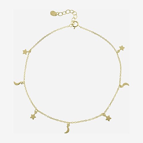 Silver Treasures Womens 14K Gold Over Silver 9 Inch Semisolid Cable Moon Star Ankle Bracelet, One Size