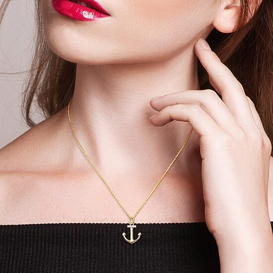 Womens Diamond Accent Natural White Diamond 18K Gold Over Silver Anchor 18 Inch Pendant Necklace