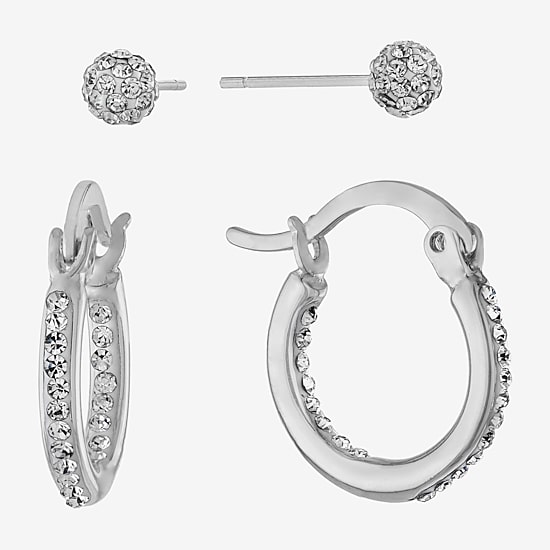 Sparkle Allure Stud & Huggie Hoop Womens Crystal 2 Pair Earring Set