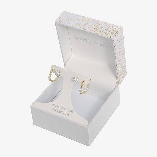 Sparkle Allure Stud & Huggie Hoop Womens Crystal 24K Gold Over Brass 2 Pair Earring Set