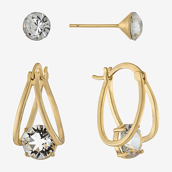 Sparkle Allure Stud & Hoop Womens Crystal 24K Gold Over Brass 2 Pair Earring Set