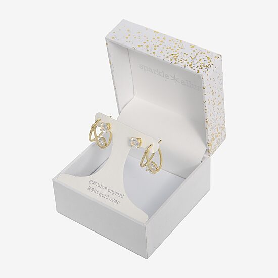 Sparkle Allure Stud & Hoop Womens Crystal 24K Gold Over Brass 2 Pair Earring Set