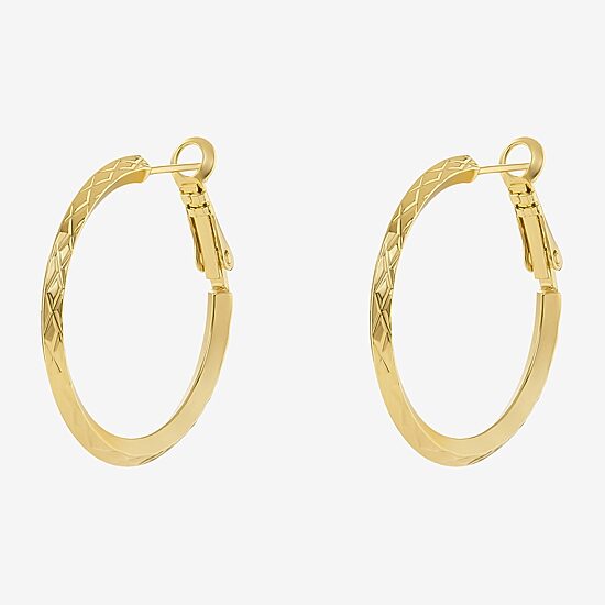 Silver Reflections Diamond Cut Womens 14K Gold Over Brass 30mm Hoop Earrings