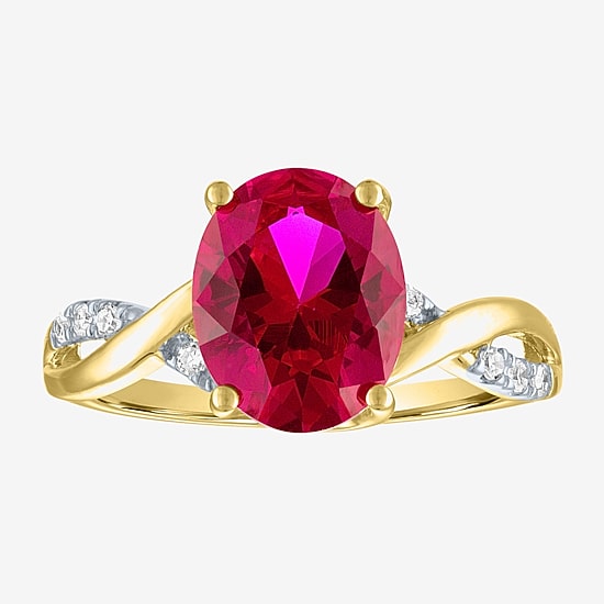 Womens Diamond Accent Lab Created Red Ruby 10K Gold Side Stone Cocktail Ring
