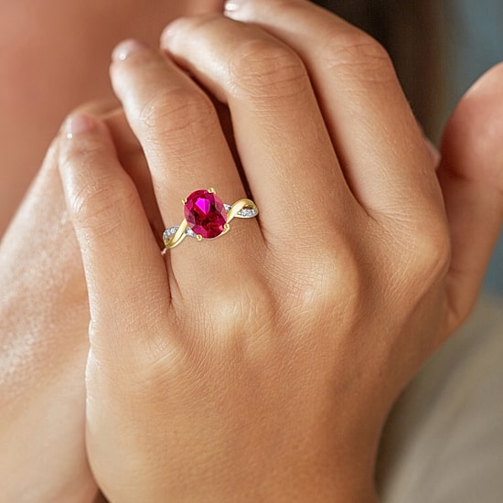 Womens Diamond Accent Lab Created Red Ruby 10K Gold Side Stone Cocktail Ring